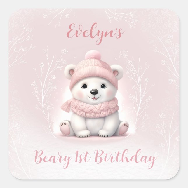 Pegatina Cuadrada Oso Polar Rosa de Invierno Beary 1er cumpleaños (Anverso)