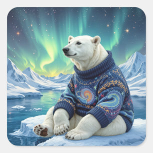 Pegatina Cuadrada Oso Polar Sentado Bajo Luces del Norte