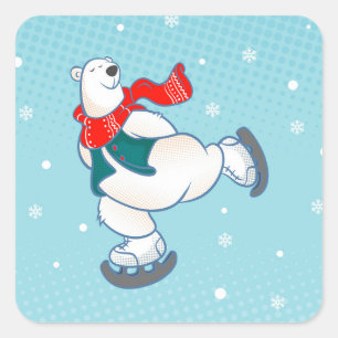 Pegatina Cuadrada Oso polar sobre patines de hielo