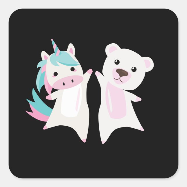 Pegatina Cuadrada Oso Polar Unicornio Corta Rosa (Anverso)