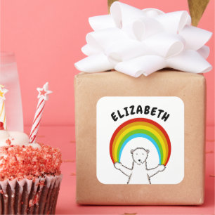 Pegatina Cuadrada Oso Polar y Arcoiris personalizado