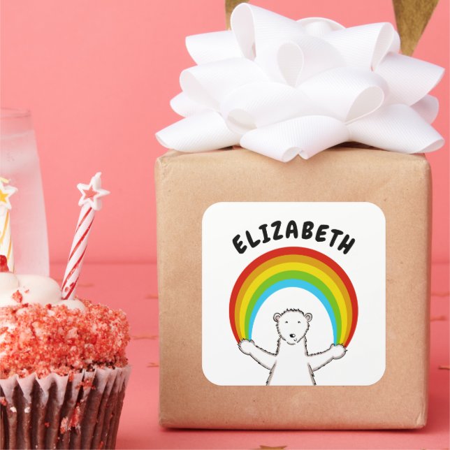Pegatina Cuadrada Oso Polar y Arcoiris personalizado (Fiesta)