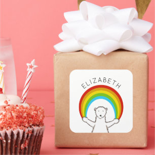 Pegatina Cuadrada Oso Polar y Arcoiris personalizado