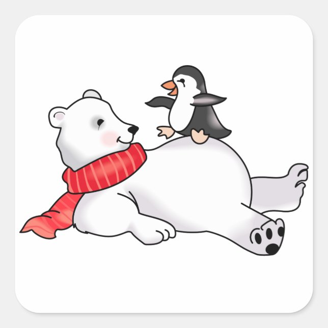 Pegatina Cuadrada Oso Polar y Pingüino (Anverso)