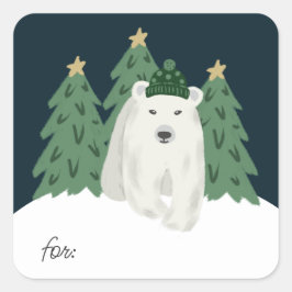 Pegatina Cuadrada Oso Polar y Regalo de Árboles de Navidad