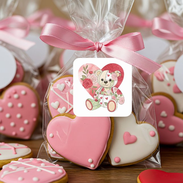 Pegatina Cuadrada Oso Rosa de trabajo en mosaico con corazón (Subido por el creador)