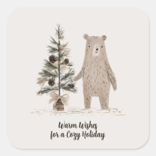 Pegatina Cuadrada Oso rústico de bosques con árbol de Navidad