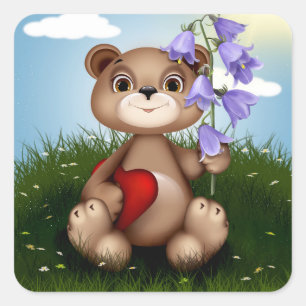 Pegatina Cuadrada Oso sosteniendo ramo de flores-30926