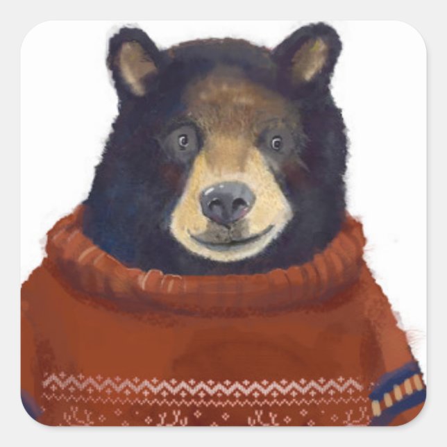 Pegatina Cuadrada Oso suéter de reno rojo (Anverso)