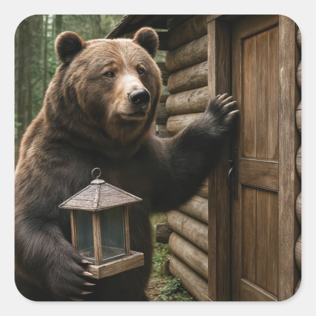 Pegatina Cuadrada Oso sujetando un alimentador de pájaros vacío (Anverso)