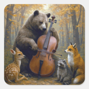 Pegatina Cuadrada Oso tocando el violonchelo en bosques de otoño