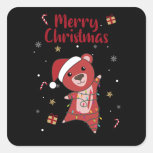 Pegatina Cuadrada Osos coloridos Feliz Navidad Animales de Invierno