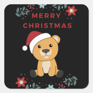 Pegatina Cuadrada Osos coloridos Feliz Navidad Animales de Invierno