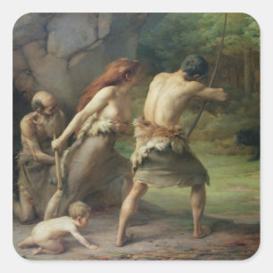 Pegatina Cuadrada Osos de caza de hombres prehistóricos, 1832