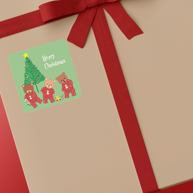 Pegatina Cuadrada Osos de peluche modernos en pijamas Navidades con  (3 Toddler Teddies In Baby Gros Sticker)
