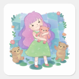 Pegatina Cuadrada Osos de peluche y Ilustracion Chica