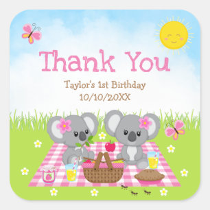 Pegatina Cuadrada Osos Koala Picnic Cumpleaños Gracias a Cuadros de