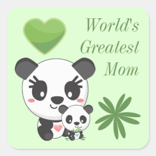 Pegatina Cuadrada Osos panda lindos y corazón La mejor mamá del mund