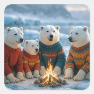 Pegatina Cuadrada Osos polares de Navidad alrededor de una hoguera