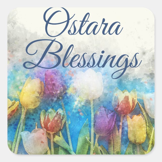 Pegatina Cuadrada Ostara Blessing Tulips Pagan Wiccan Sabbat (Anverso)