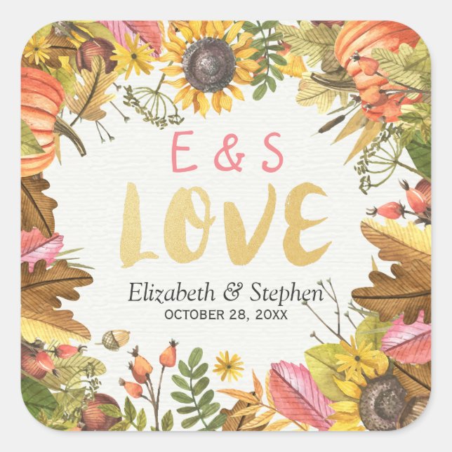 Pegatina Cuadrada Otoño Cae Maple Leaves Calabaza Boda Gracias (Anverso)