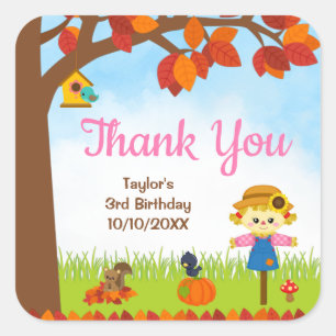 Pegatina Cuadrada Otoño Chica Scarecrow Cumpleaños Gracias