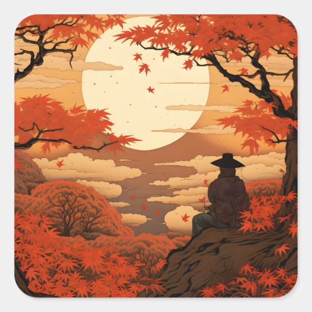 Pegatina Cuadrada Otoño de Ukiyo-e Japón otoño samurai (Anverso)
