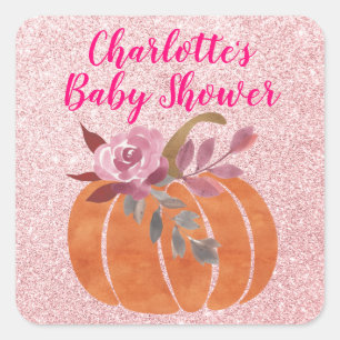 Pegatina Cuadrada Otoño Floral Calabaza Baby Shower Rosa Dorado