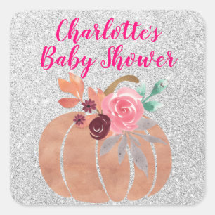 Pegatina Cuadrada Otoño Floral Calabaza Shower de Bebé Rosa Plateado