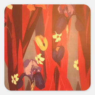Pegatina Cuadrada Otoño Floral Rústico Rojo Caída Sale Acuarela