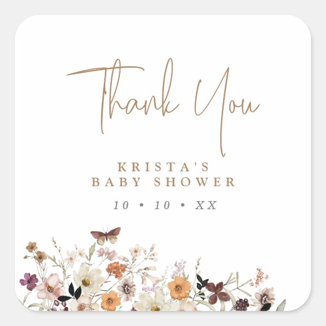 Pegatina Cuadrada Otoño Flores salvajes Bebé en Baby Shower (Anverso)