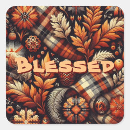 Pegatina Cuadrada Otoño Plaid Leaves Naranja Patrón negro