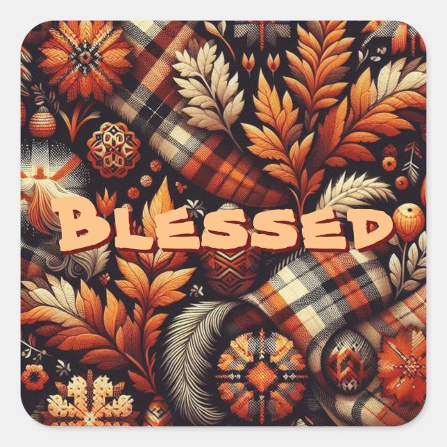 Pegatina Cuadrada Otoño Plaid Leaves Naranja Patrón negro (Anverso)