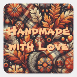 Pegatina Cuadrada Otoño Plaid Leaves Naranja Patrón negro