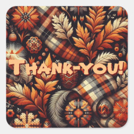 Pegatina Cuadrada Otoño Plaid Leaves Naranja Patrón negro