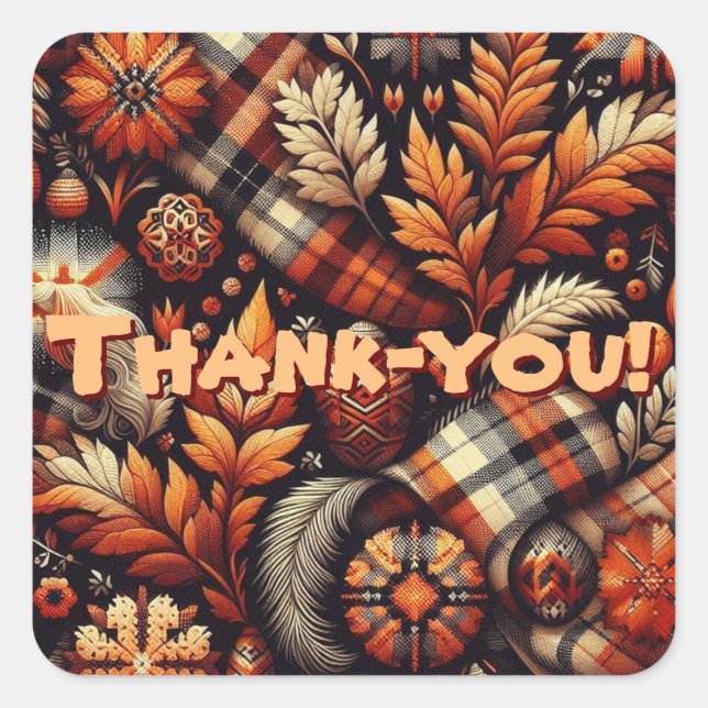 Pegatina Cuadrada Otoño Plaid Leaves Naranja Patrón negro (Anverso)