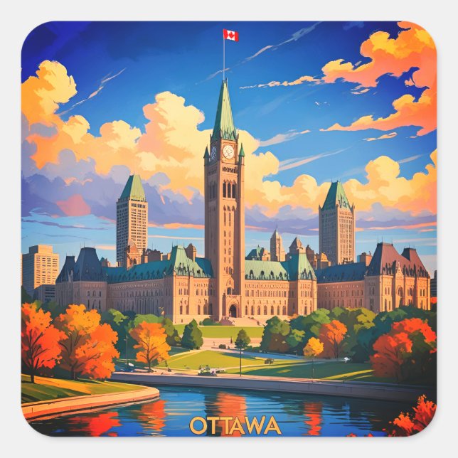 Pegatina Cuadrada Ottawa Canada Parliament Building, City Skyline (Anverso)