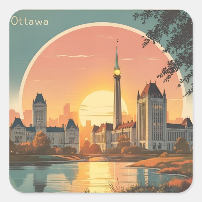 Pegatina Cuadrada Ottawa Canada Skyline –Bold Retro Sunset Cityscape (Anverso)