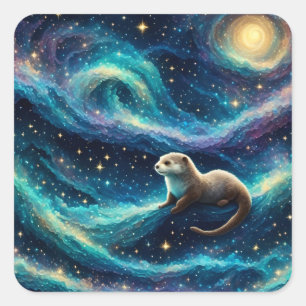 Pegatina Cuadrada Otter en un océano nocturno estrellado