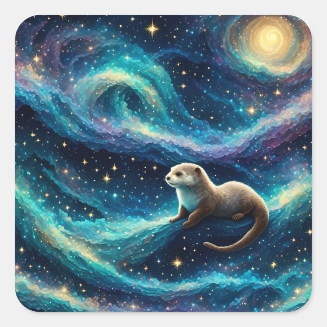 Pegatina Cuadrada Otter en un océano nocturno estrellado (Anverso)