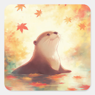 Pegatina Cuadrada Otter in Water with Falling Autumn Maple Leaves
