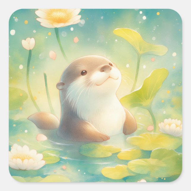 Pegatina Cuadrada Otter in Water with Yellow and White Lily Flowers (Anverso)