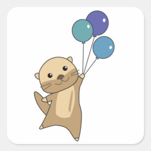 Pegatina Cuadrada Otter Sweet Animal vuela Con Globos Arriba