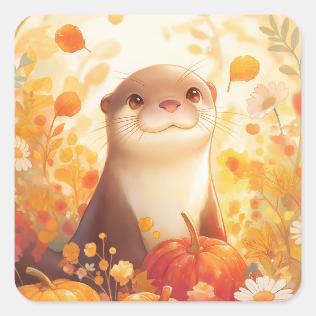 Pegatina Cuadrada Otter with Pumpkins and Autumn Flowers (Anverso)