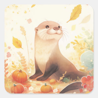 Pegatina Cuadrada Otter with Small Pumpkins and Yellow Autumn Leaves