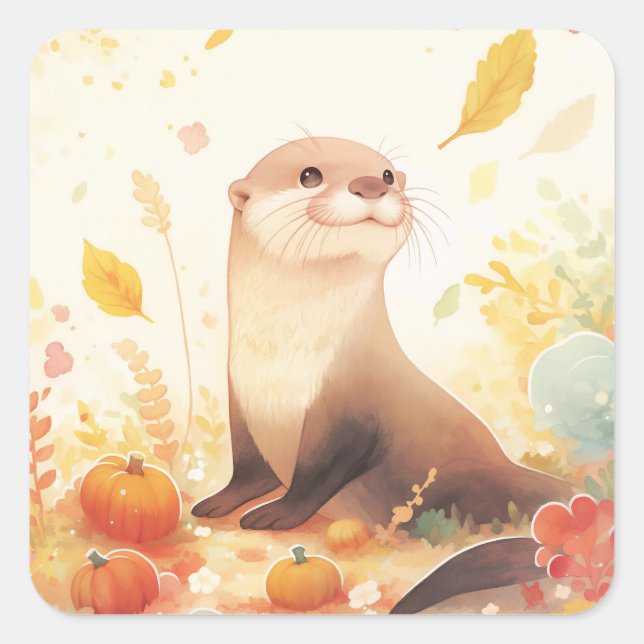 Pegatina Cuadrada Otter with Small Pumpkins and Yellow Autumn Leaves (Anverso)