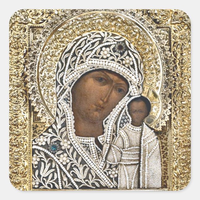 Pegatina Cuadrada Our Lady of Kazan Orthodox Christian Icon (Anverso)