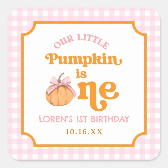 Pegatina Cuadrada Our Little Pumpkin Girl 1st Birthday Party (Anverso)
