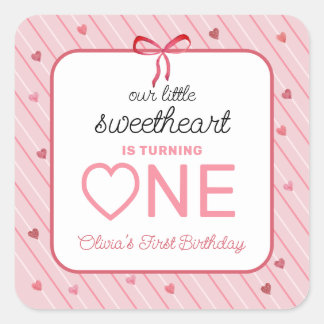 Pegatina Cuadrada Our Little Sweetheart Is One Hearts Bows Birthday