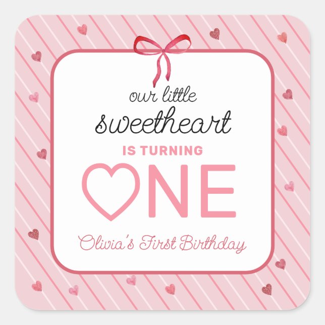 Pegatina Cuadrada Our Little Sweetheart Is One Hearts Bows Birthday (Anverso)